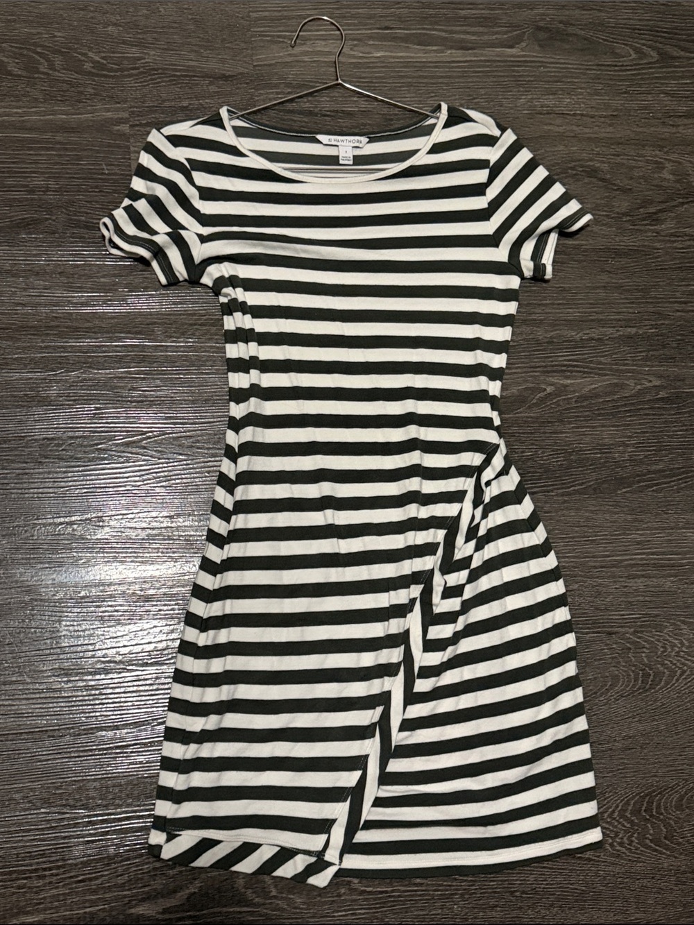 Striped Olive & White Short Sleeve Dress